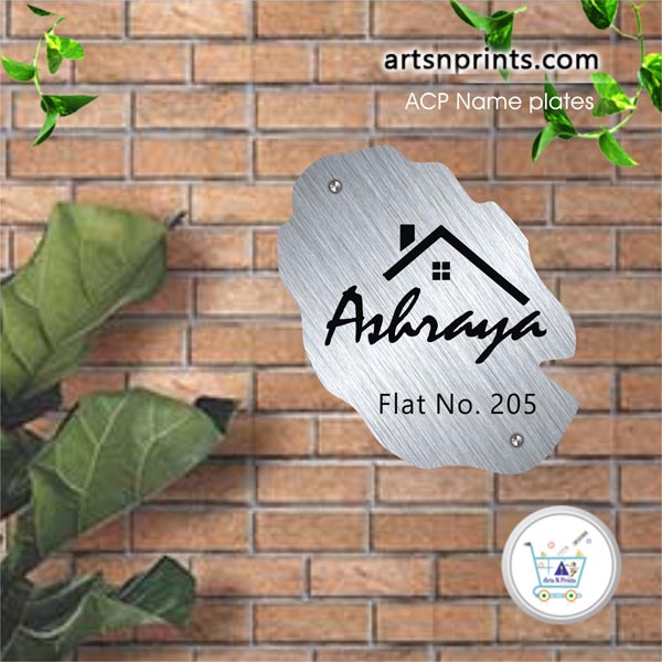 Silver Brushed ACP house name plate | Shipping near by Telangana and across India by artsNprints.com Mancherial 