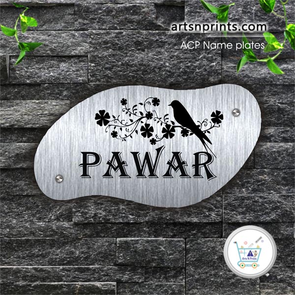 “Pawar” Silver royal look ACP printed designer house name plate | Order online now and get home delivery | artsNprints.com Andhra Pradesh